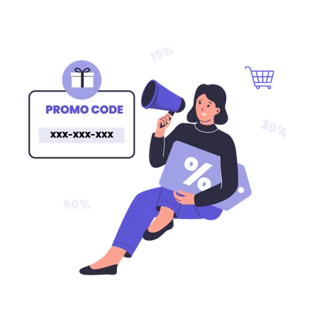 Woman applying Promotional with Discount Codes and Megaphone  Illustration