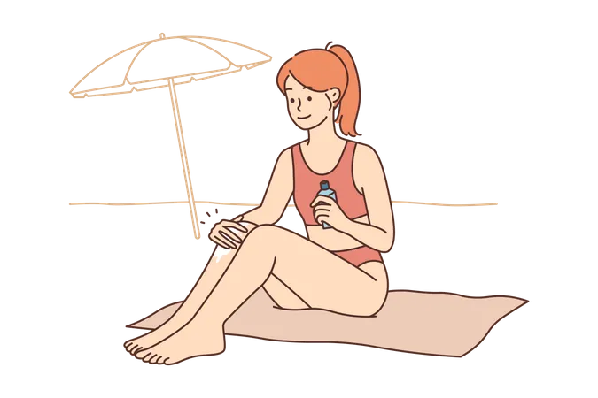 Woman applying sun screen on body  Illustration