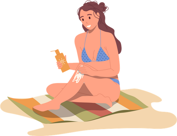 Woman applying sunscreen on legs to protect skin from sun  Illustration