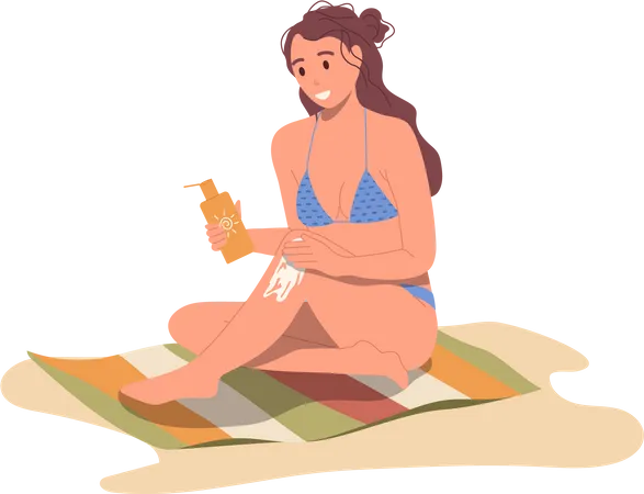 Young Beauty Woman Cartoon Tourist Character In Swimsuit Applying Sunscreen On Legs To Protect Skin From Harmful Sun Uf Rays While Rest On Sand Beach Vector Illustration Isolated On White Background Illustration