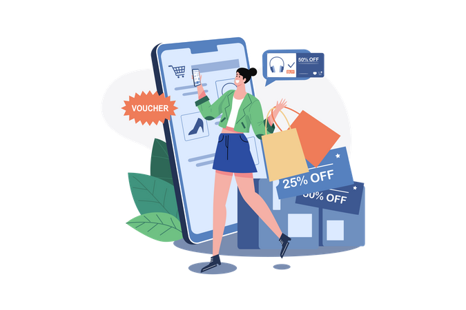 Woman applying voucher for a discount on online shopping  Illustration