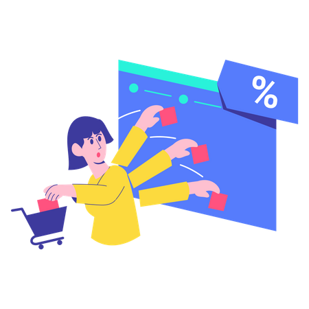 Woman applying voucher for discount on online shopping Illustration