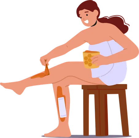Woman Gracefully Applying Warm Sugar Paste To Her Legs Delicately Removes Unwanted Hair Leaving Skin Smooth And Radiant Female Character Apply Ritual Of Self Care And Beauty Vector Illustration Illustration