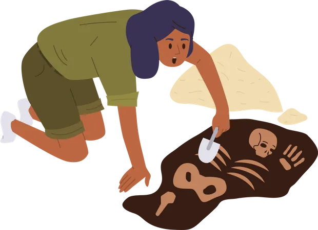 Woman archeologist digging soil and finding human skeleton historical artifacts  Illustration