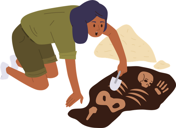 Woman archeologist digging soil and finding human skeleton historical artifacts  Illustration