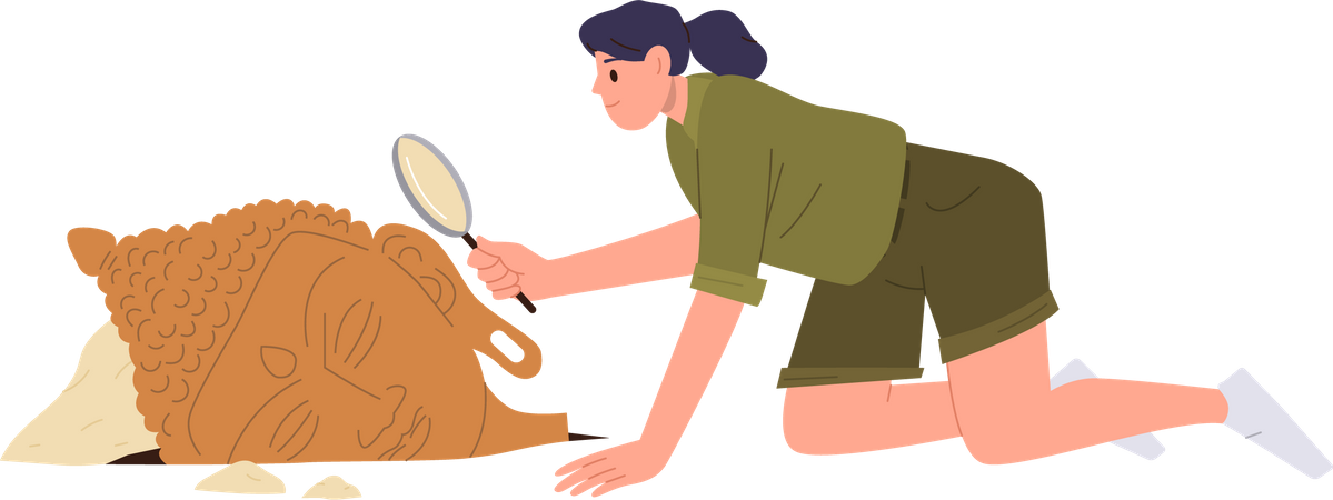 Woman archeologist using magnifying glass for examining antiquity excavated historical artifacts  Illustration
