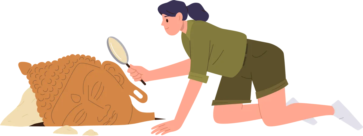 Woman archeologist using magnifying glass for examining antiquity excavated historical artifacts  Illustration