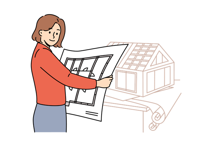 Woman architect creates engineering plans and models of houses and working in construction office  Illustration