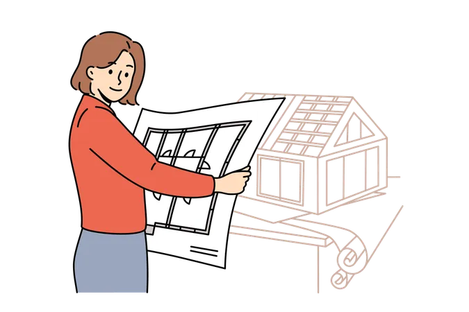 Woman architect creates engineering plans and models of houses and working in construction office  Illustration