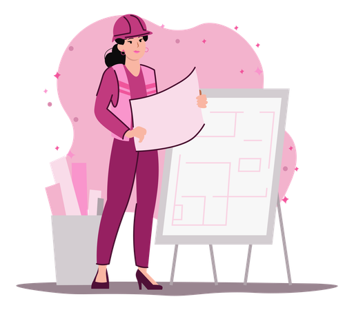 Woman architect holding house plan  Illustration