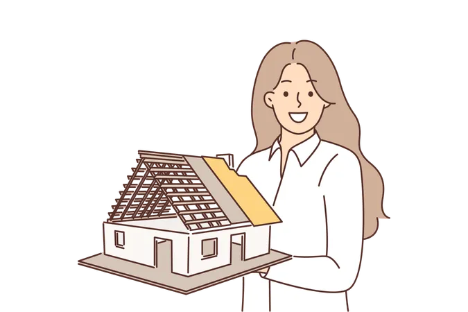 Woman Architect Holds Model Of House Demonstrating Engineering Solution For Construction And Renovation Of Buildings Engineer Designer From Construction Company Offering Cottage Design Services Illustration