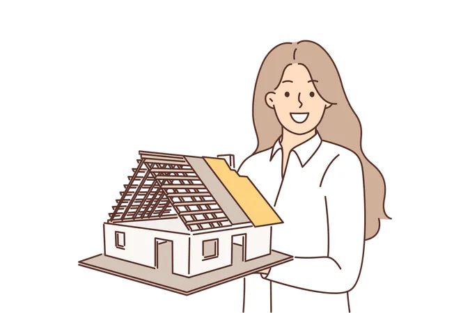 Woman architect holds model of house  Illustration