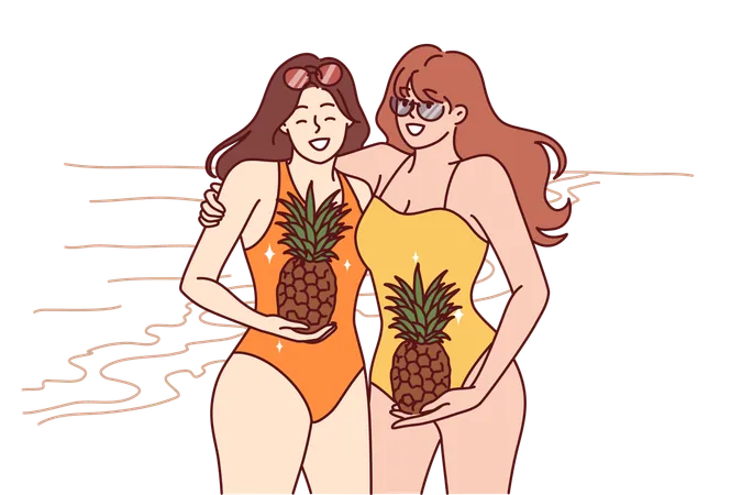 Two Women In Swimsuits Stand On Beach With Pineapples In Hands And Smile Inviting Visit Tropical Island Young Happy Girls In Swimsuits Spend Holidays On Sunny Beach Near Sea Or Ocean Illustration