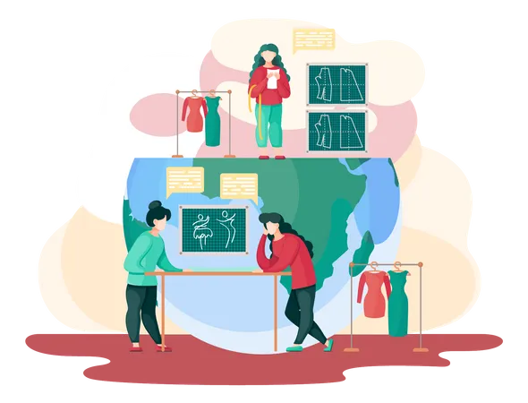 Women Make Different Clothes Using Red Textile Two Women Discussing The Model Of A New Garment A Girl Standing On The Planet And Looking At The Measurements Garment Manufactory Vector Illustration Illustration
