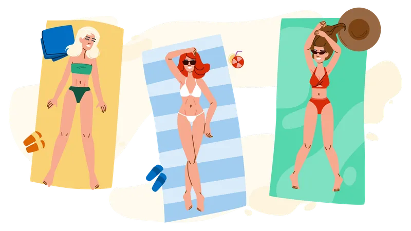 Travel Woman Sunbathing Beach Top Vector Tropical Summer Body Sea Sand Vacation Travel Woman Sunbathing Beach Top Character People Flat Cartoon Illustration Illustration