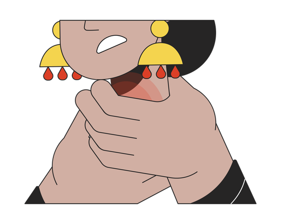 Woman arms around sore throat  Illustration