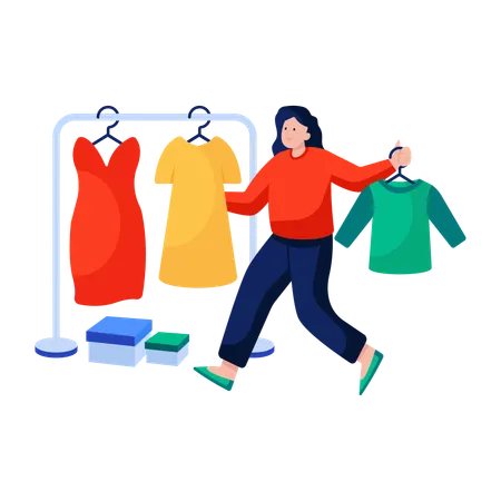 Woman arranges Clothes on racks  Illustration