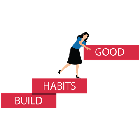 Woman arranges wooden blocks with the text build good habits  Illustration