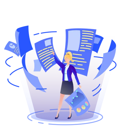 Woman arranging files and analytics in the office  Illustration