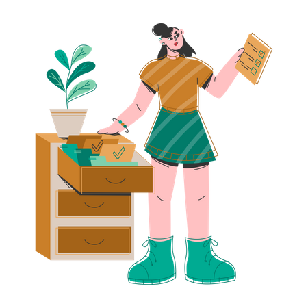 Woman Arranging Folders In Shelf  Illustration