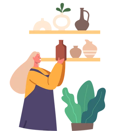 Woman Arranging Handmade Pottery On A Shelf Showcasing Her Artistic Talent And Adding A Touch Of Craftsmanship To The Room Artisan Or Artist Female Character Cartoon People Vector Illustration Illustration