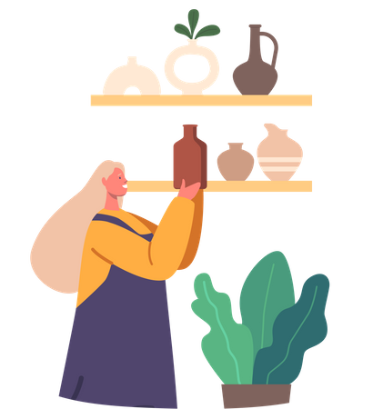 Woman Arranging Handmade Pottery On Shelf  Illustration