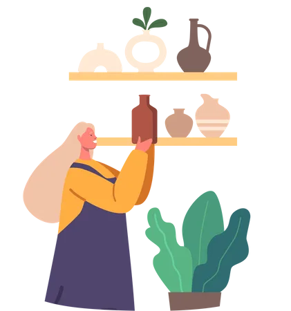 Woman Arranging Handmade Pottery On Shelf  Illustration