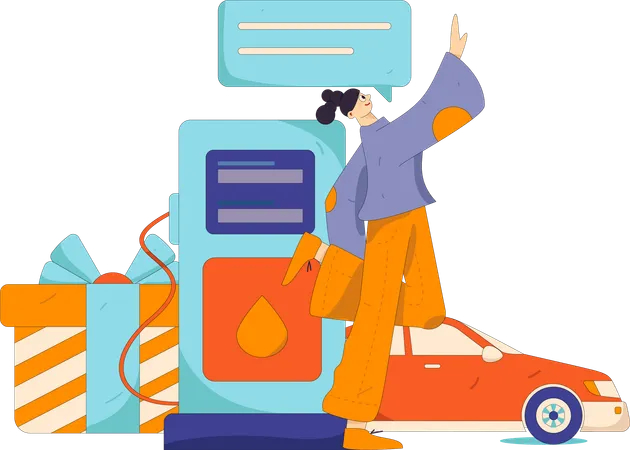 Woman arrives at fuel pump  Illustration