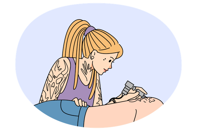 Woman artist draw ink tattoo on client body  Illustration