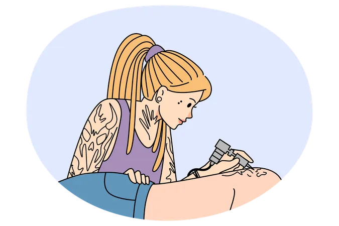 Woman artist draw ink tattoo on client body  Illustration