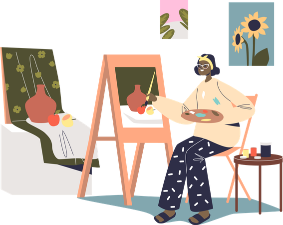 Woman artist drawing in workshop studio  Illustration