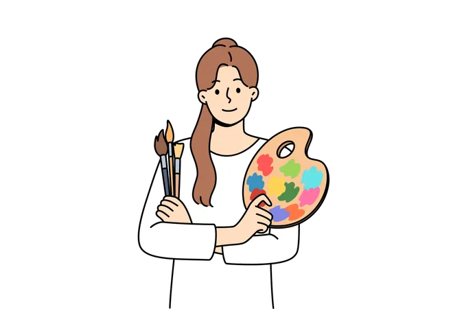 Woman Artist Holds Brushes For Painting And Palette For Mixing Watercolor Paints Portrait Of Beautiful Artist Girl Who Is Interested In Creative Hobby And Wants To Exhibit In Art Gallery Illustration