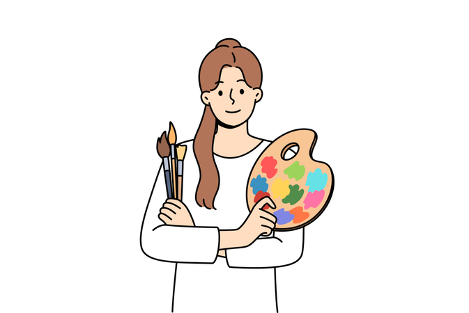 Woman artist holds brushes for painting and palette for mixing watercolor paints  イラスト