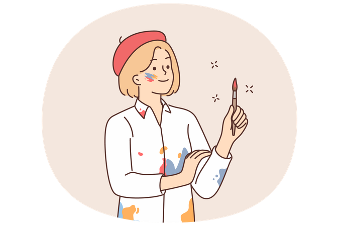 Woman artist in shirt stained with paint holds brush  Illustration