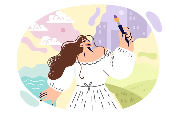 Woman Artist Paints World Around Herself Holding Brush And Standing Near Beautiful Nature And Eco Friendly City Creative Person Or Artist Is Engaged In Creating Ideal Environment With Own Hands Illustration
