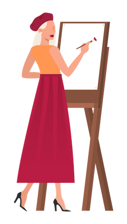 Woman artist standing at the easel and painting Illustration