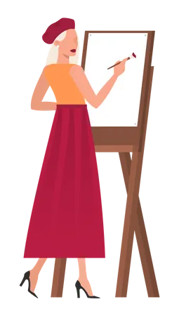 Woman artist standing at the easel and painting Illustration