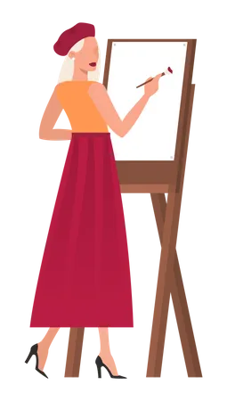 Woman artist standing at the easel and painting  Illustration