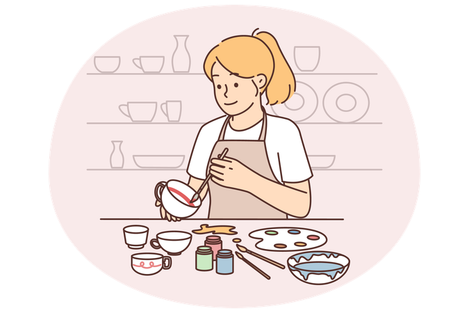 Woman artists draws picture on pottery wanting to give unique look to handmade products  Illustration