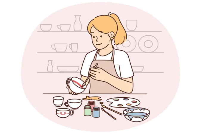 Woman artists draws picture on pottery wanting to give unique look to handmade products  Illustration