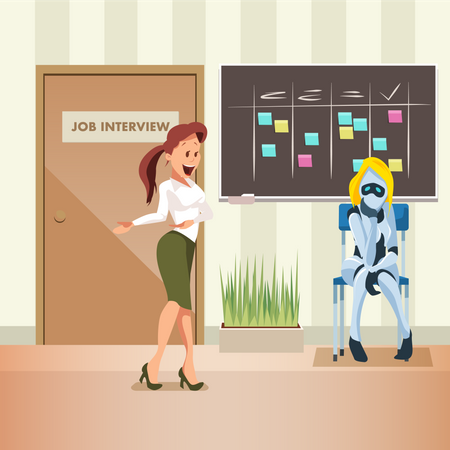 Woman Ask Female Robot to join Office Job Interview  Illustration