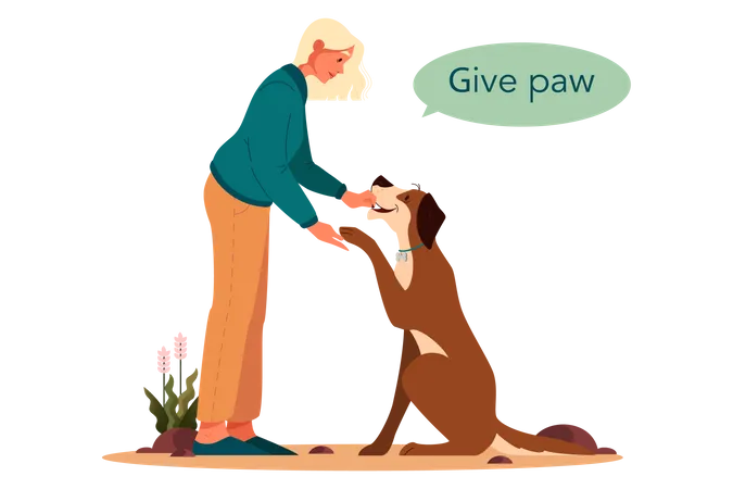 Woman asking dog to give paw Illustration