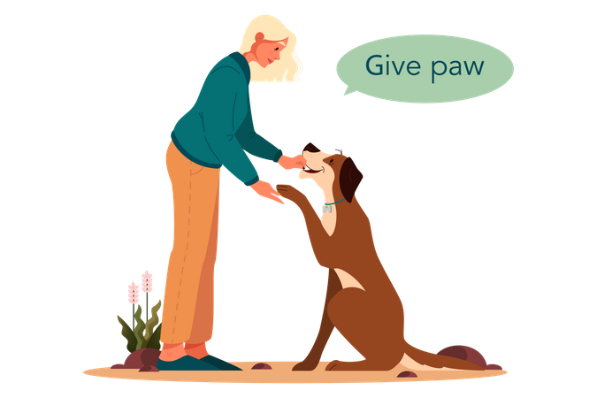 Woman asking dog to give paw  Illustration