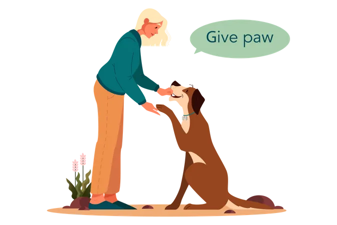 Woman asking dog to give paw  Illustration