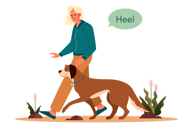 Woman asking to to heel command  Illustration