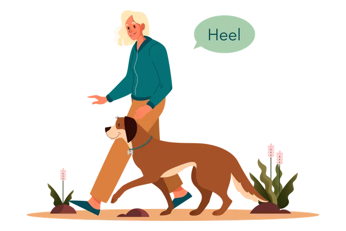 Woman asking to to heel command  Illustration