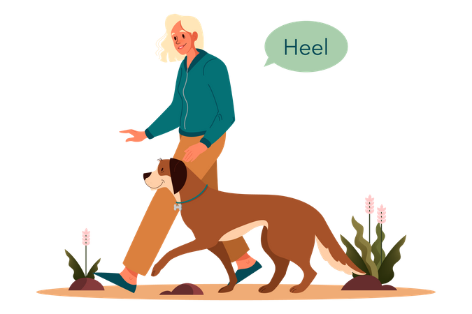 Woman asking to to heel command Illustration