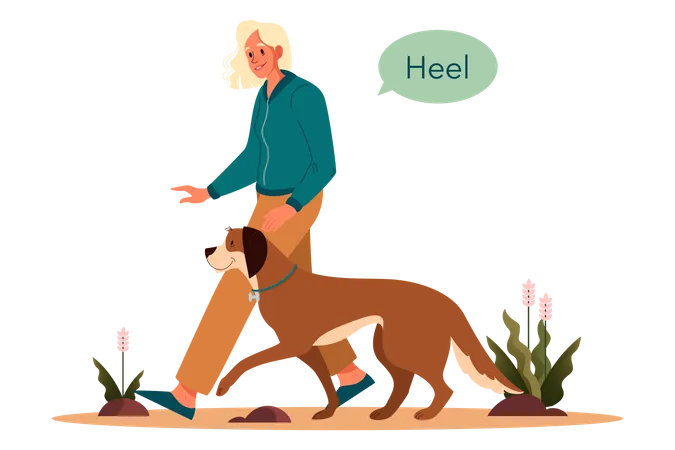 Woman asking to to heel command Illustration