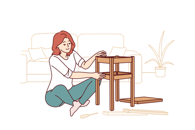 Woman assembles stool with own hands sitting on floor in apartment and making home more comfortable  Illustration