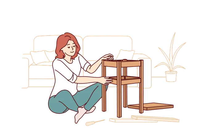Woman Assembles Stool With Own Hands Sitting On Floor In Apartment And Making Own Home More Comfortable Young Girl Fixes Broken Stool Using Screwdriver Without Involving Handyman Illustration